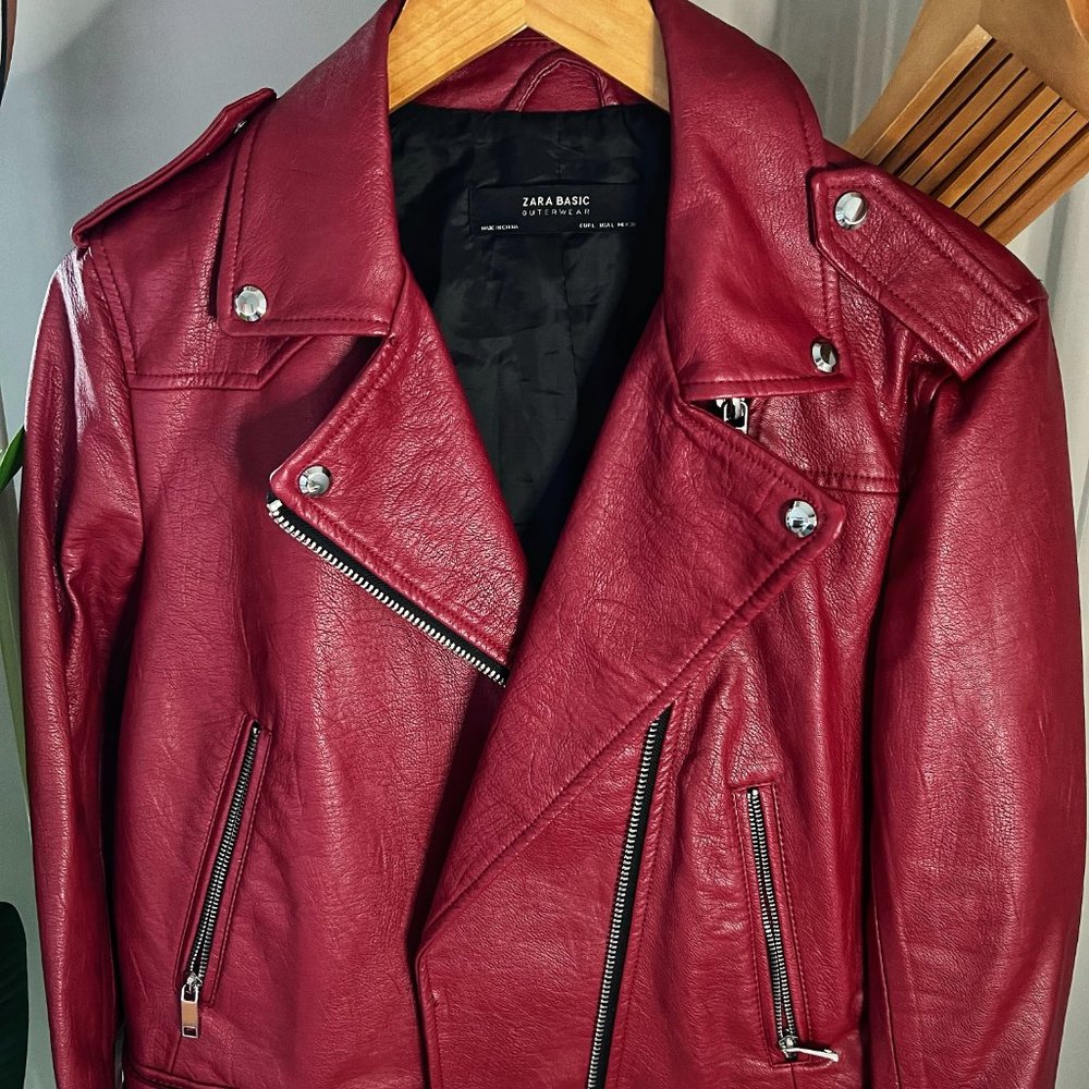 Zara Basic Outerwear Red Faux Leather Jacket